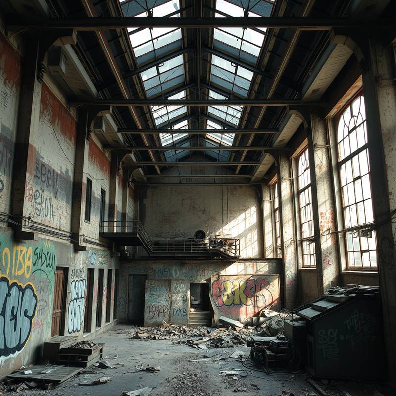 Abandoned Factory - Dilapidated factory interior with graffiti.