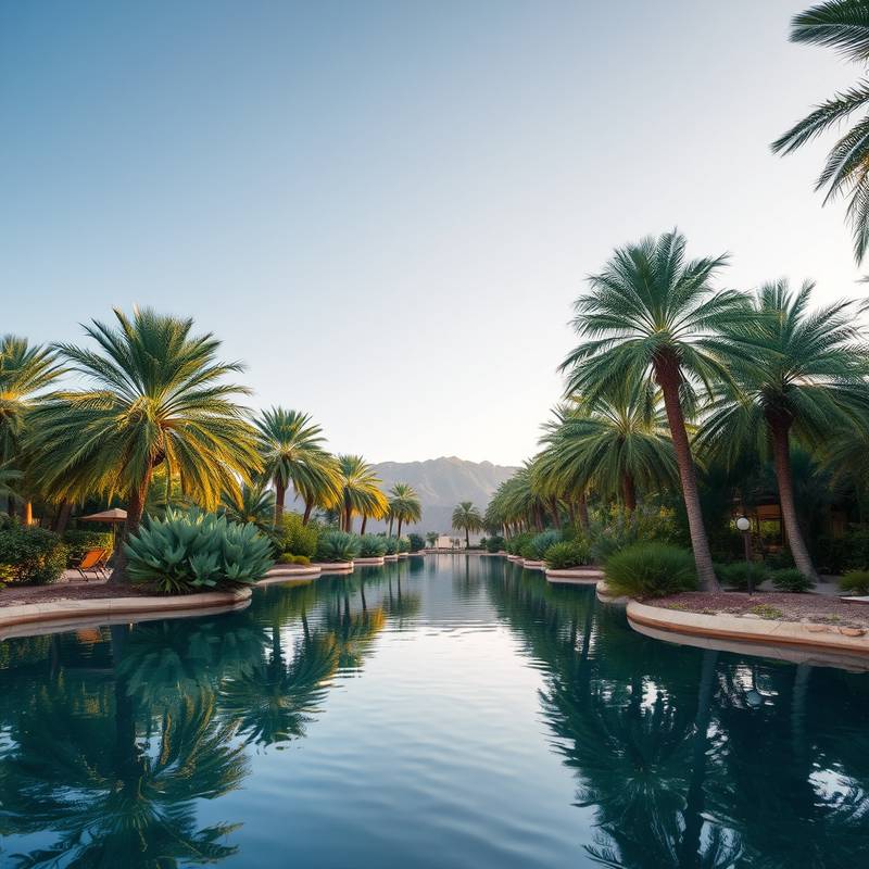Desert Oasis - Tranquil oasis with palm trees and clear water.