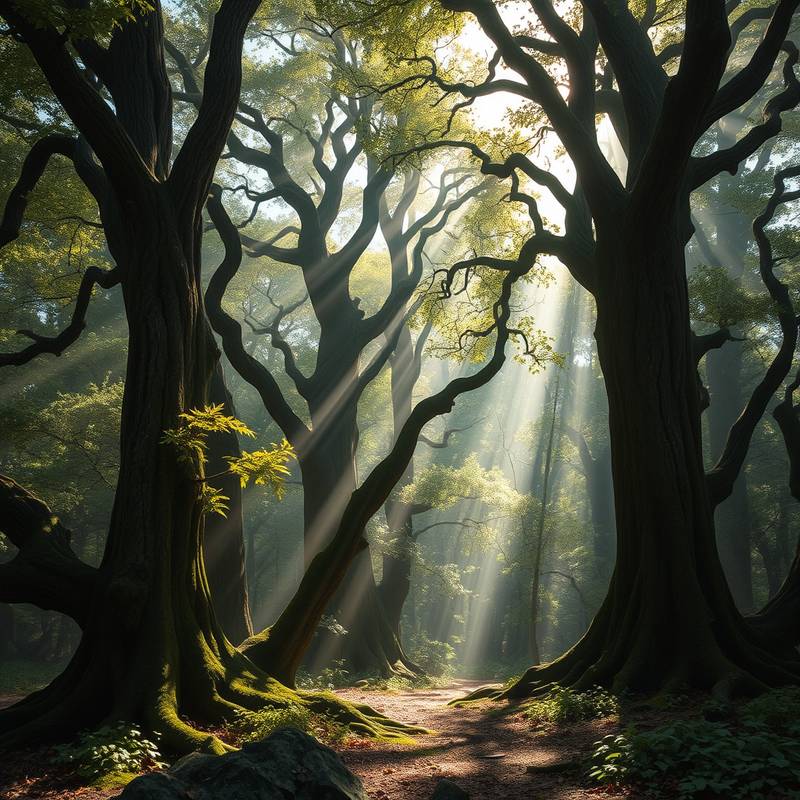 Enchanted Forest - Mystical forest with ancient trees and dappled sunlight.