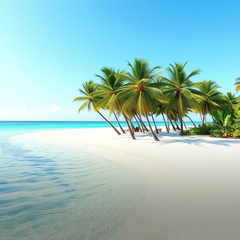 Tropical Beach - White sand beach with turquoise water and palm trees.