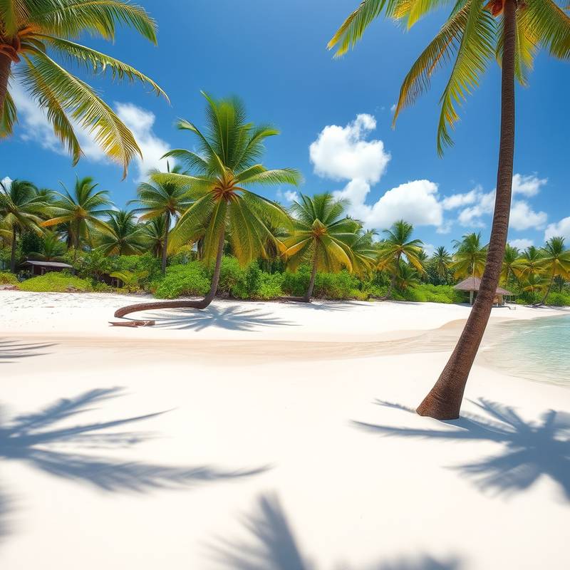 Tropical Beach - White sandy beach with turquoise waters and palm trees.