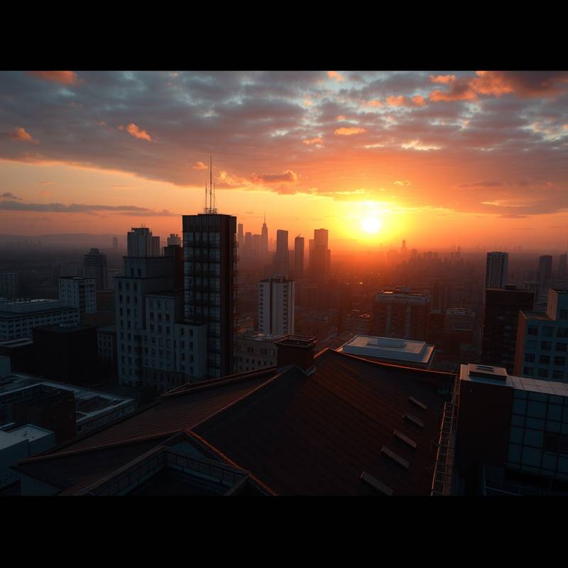 Urban Rooftop - Sweeping cityscape view at sunset.